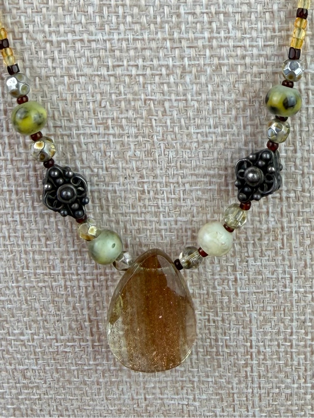 Boho 925 Multi-Bead Necklace with Golden Rutile Quartz Teardrop Pendant